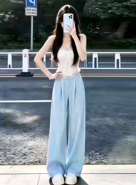 超火韩系高级感辣妹休闲运动套装女夏季白色吊带蓝色阔腿裤两件套