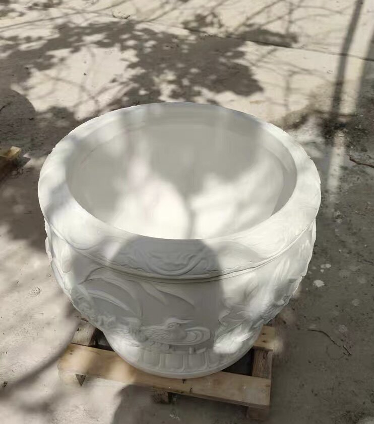 石雕鱼缸石槽子养鱼流水摆件石头鱼缸天然汉白玉花盆庭院圆缸户外