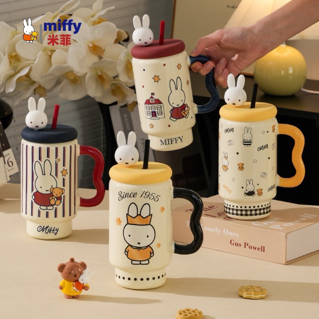 MIFFY米菲陶瓷吸管杯大容量可爱创意马克杯带盖情侣水杯女办公室