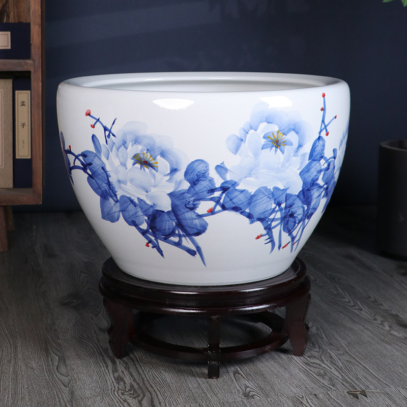 景德镇手绘青花瓷陶瓷金鱼缸客厅养乌龟睡莲盆荷花缸庭院室外水缸