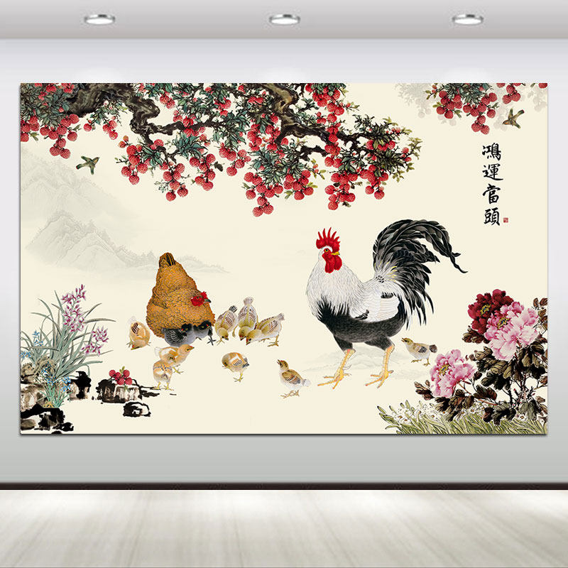 大公鸡鸿运当头大吉大利挂画花开富贵海报客厅沙发风水招财墙壁画