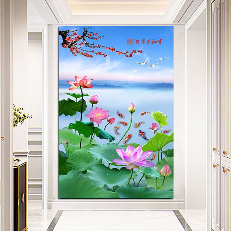 家和万事兴挂画九鱼荷花客厅装饰画沙发背景墙招财壁画玄关风水画图片