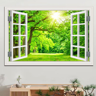 树林森林田园阳光大树木公园绿色壁画立体仿真假窗户自粘风景贴画