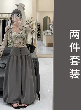 韩系纯欲设计感穿搭蕾丝吊带开衫阔腿裤三件套装2026超火夏装一整