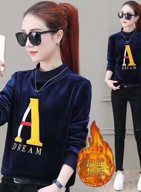 金丝绒网红衣服女新款潮宽松大码绣花加绒加厚绒衣超火cec潮