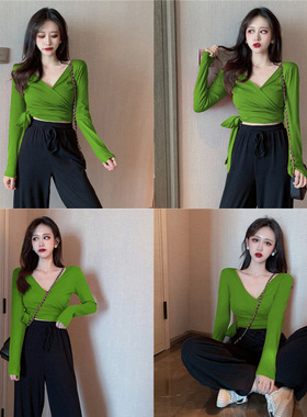交叉上衣女别致漂亮设计感长袖v领系带打底衫秋牛油果绿色绑带t恤