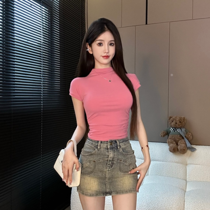 辣妹半高领短袖女2024新款夏季显瘦修身上衣纯欲百搭别致休闲T恤
