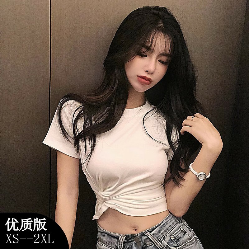 0T恤扭结显丰满紧身露脐短款图片