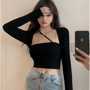 方领挂脖上衣女2025纯欲风辣妹短款假两件T恤长袖高腰肚脐打底衫