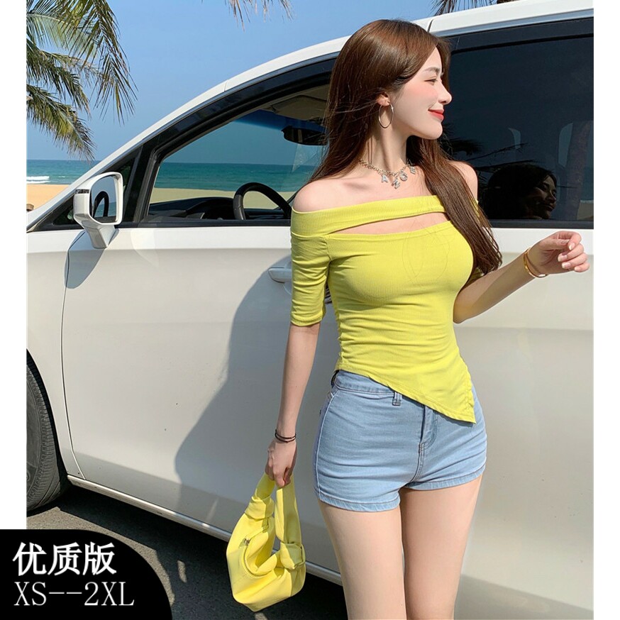 一字肩上衣甜辣风露肩高级感修身独特别致女夏季性感露肩短袖t恤