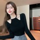 打底衫 黑色锁骨上衣镂空春秋季 性感内搭大码 修身 女设计感小众法式