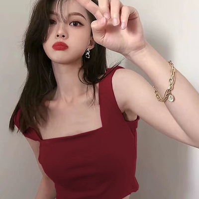 宽肩带吊带新款小背心女夏季方领遮副乳修身纯欲短款漏腰肚脐上衣