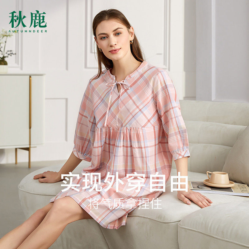 秋鹿梭织格子睡衣夏款女款V领家居裙七分袖纯棉夏季睡裙女中长款