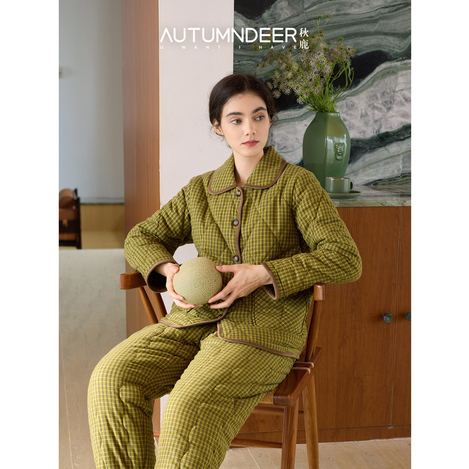 秋鹿【三层夹棉】梭织色织格睡衣秋冬款蓄热加绒加厚家居服可外穿