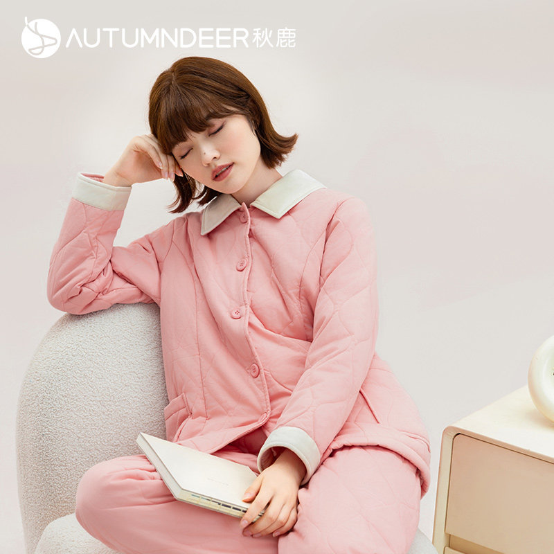 秋鹿睡衣女冬季加厚保暖夹棉冬天居家长袖长裤可外穿家居服休闲