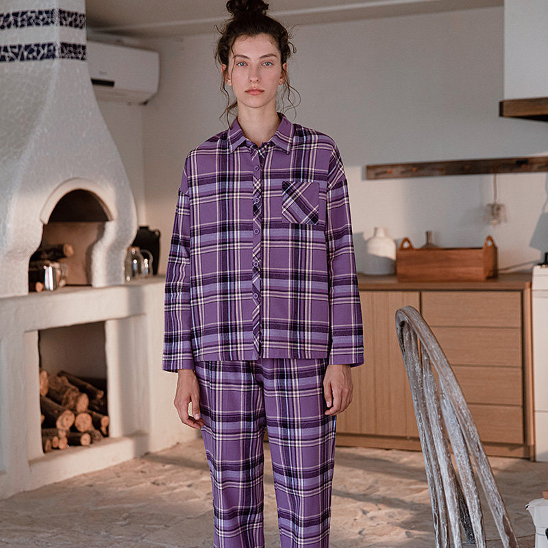 秋鹿【梭织棉】长袖格子睡衣女春秋款休闲大码经典格纹家居服舒适