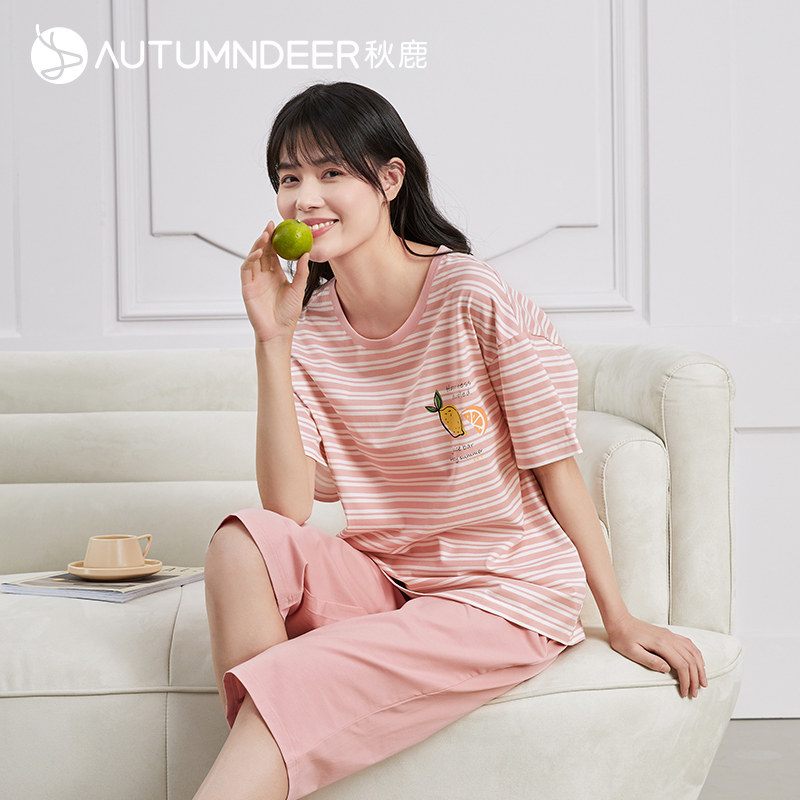 秋鹿【夏季新款】睡衣女士纯棉圆领条纹短袖七分裤休闲家居服套装