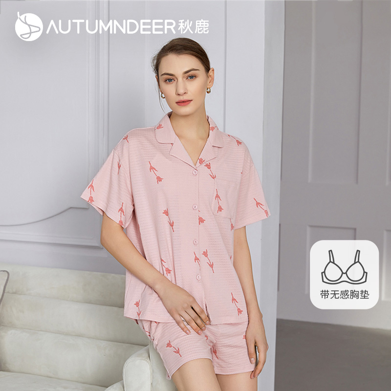 秋鹿女纯棉印花睡衣短袖短裤开衫