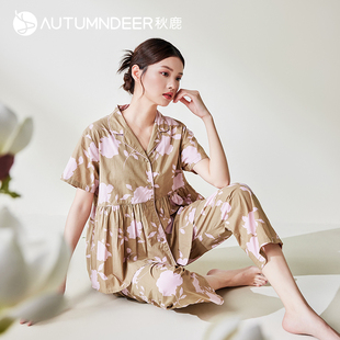 秋鹿柔软透气睡衣女夏季薄款印花短袖九分裤春秋可外穿家居服套装