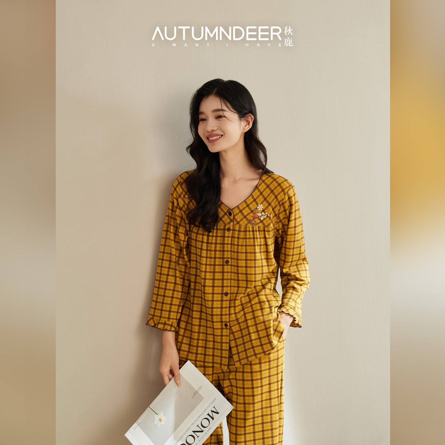 秋鹿【清仓捡漏】100%纯棉睡衣秋季女纯棉舒适菱格高级感家居服