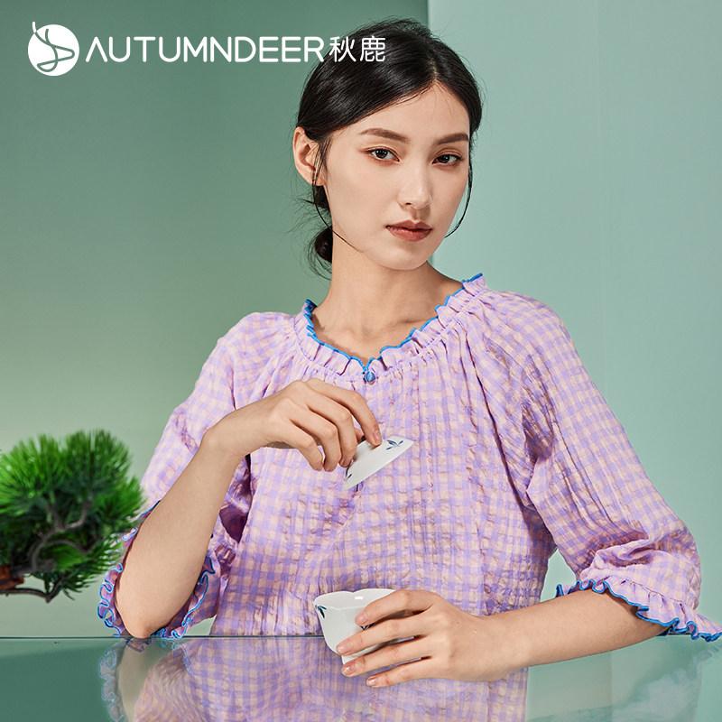 秋鹿女士夏季睡衣新中式国风梭织棉格子七分袖长裤薄款家居服套装,女士内衣/男士内衣/家居服,睡衣/家居服套装,淘宝优惠券,粉丝福利购,淘宝优惠卷