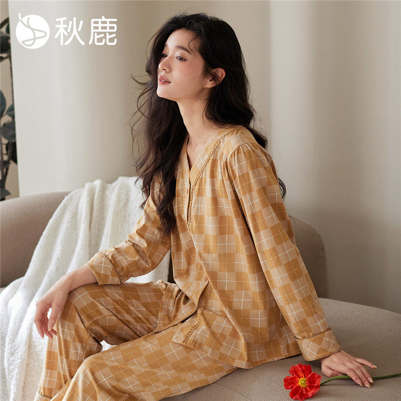 针织棉氨印花V领长袖长裤女套