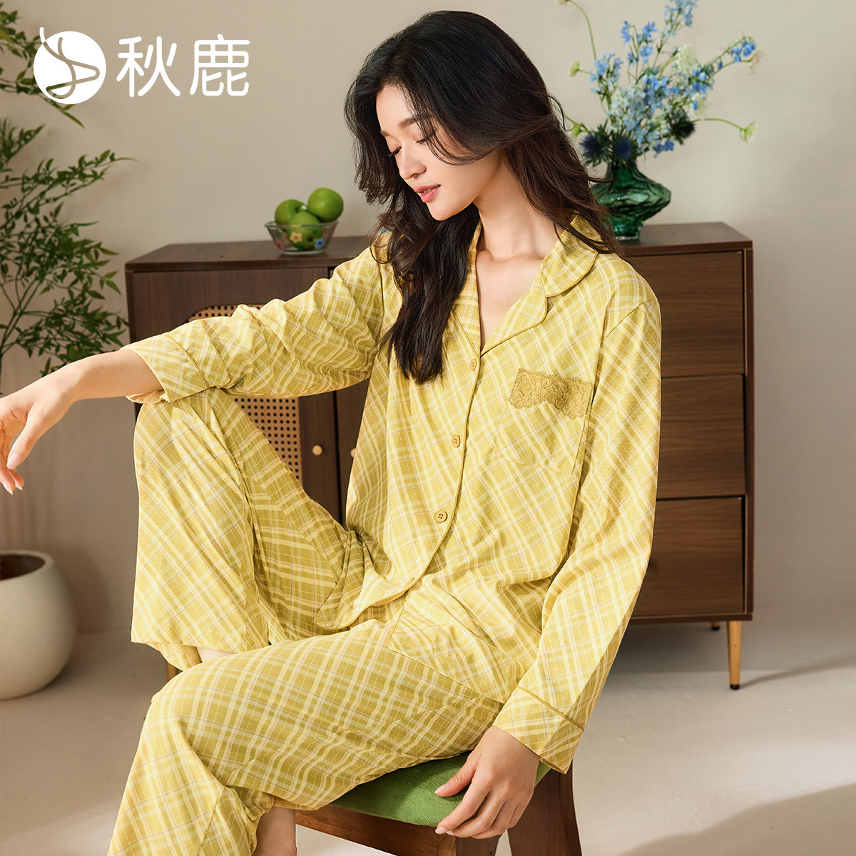 秋鹿【直播专享】柔软丝滑纯棉睡衣女2025夏季薄款格子印花长袖