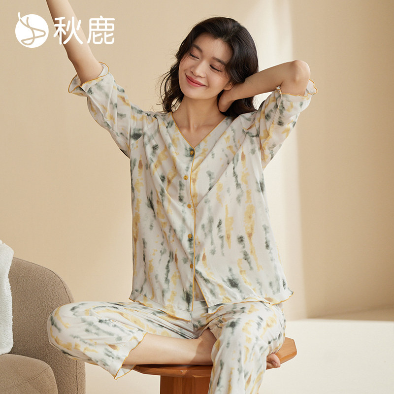 秋鹿女纯棉针织双面印花圆领睡衣
