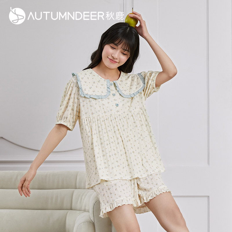 秋鹿夏季睡衣女针织棉短袖短裤甜美碎花家居服简约娃娃领少女套装
