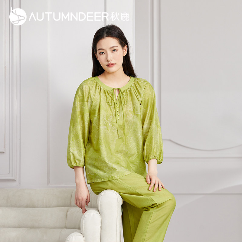 秋鹿【门店清仓仅剩M码】长袖睡衣女春夏薄款圆领印花梭织丝绵