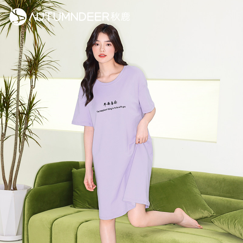 秋鹿睡裙夏季女薄款短袖纯棉休闲舒适睡衣家居服全棉女款连衣裙春