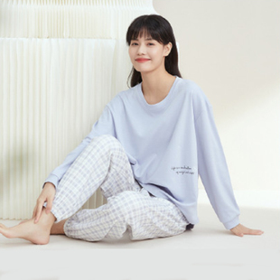 清仓仅剩L码 家居服套装 格子长裤 纯棉印花长袖 睡衣女款 秋鹿