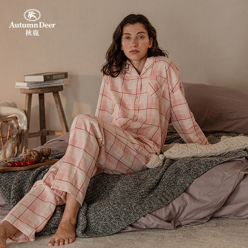 秋鹿长袖格子开衫休闲女士家居服