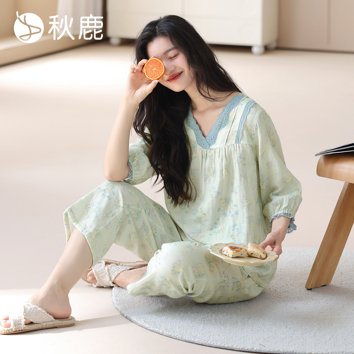 秋鹿双层纱抑菌蕾丝碎花纯棉睡衣