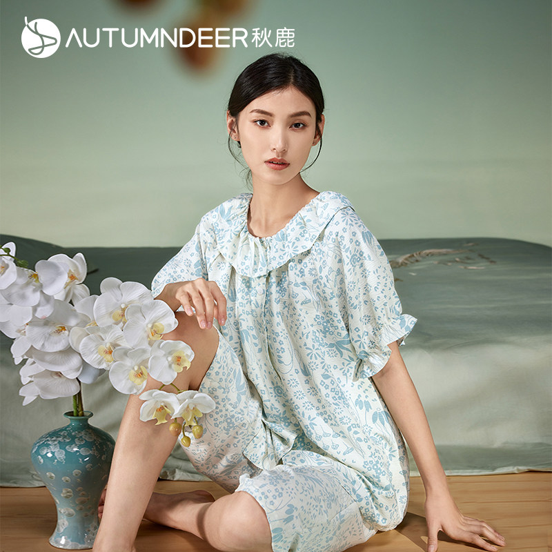 秋鹿柔软透气碎花睡衣女夏季薄款新中式国风短袖七分裤家居服套装