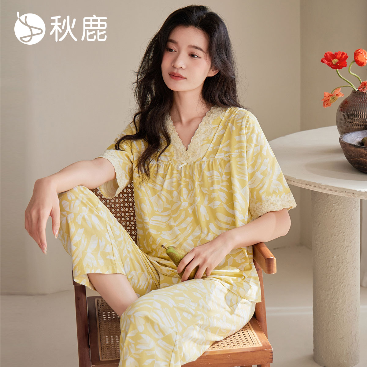 秋鹿【舒弹棉氨】睡衣女印花蕾丝V领短袖长裤舒适透气家居服套装