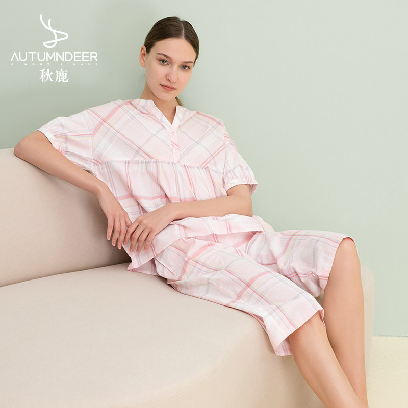 秋鹿梭织棉妈妈家居服v领短袖格子纯棉夏季睡衣女款七分裤宽松薄