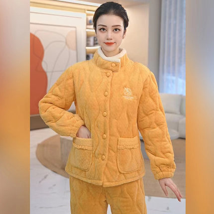 秋鹿三层加绒加厚夹棉睡衣女2024秋冬新款珊瑚绒棉袄可外穿家居服