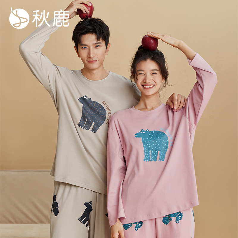 秋鹿情侣纯棉棉氨底磨毛抗菌睡衣