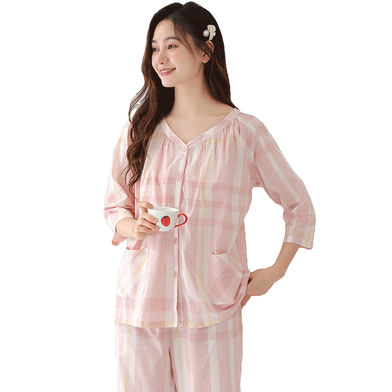 秋鹿女梭织色织格插肩七分袖睡衣