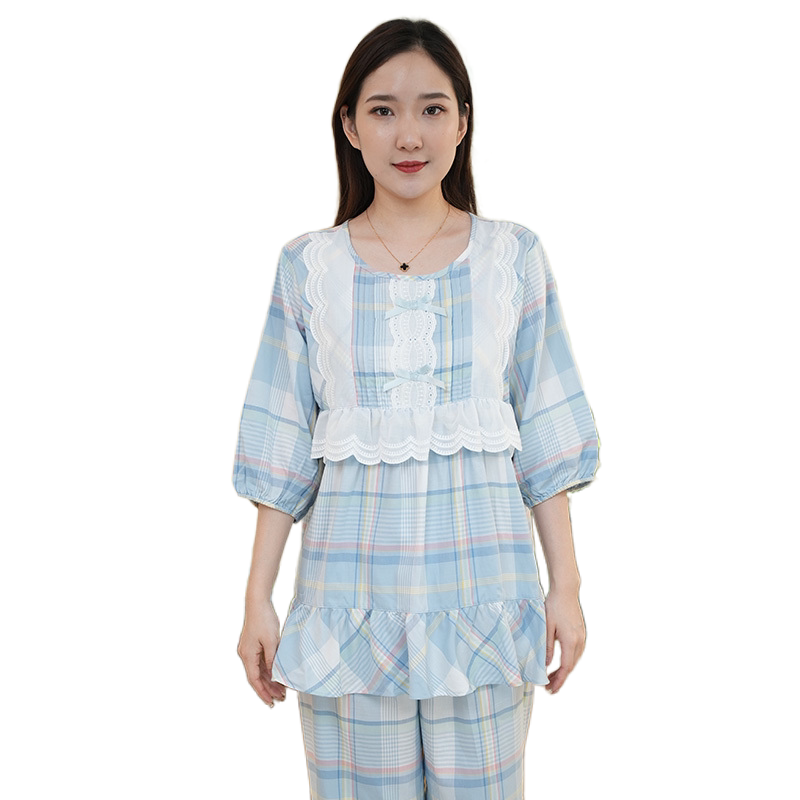 秋鹿梭织纯棉睡衣女士春夏宽松