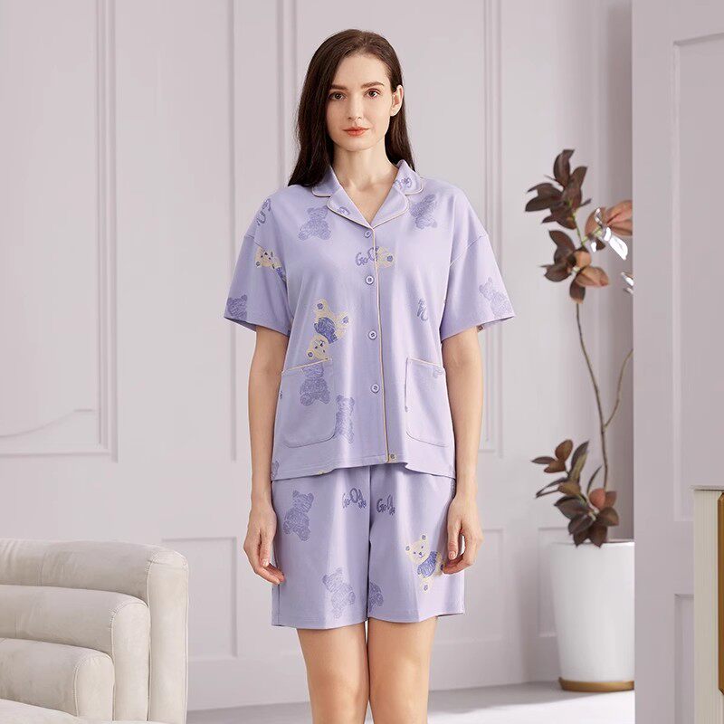 秋鹿纯棉夏季睡衣女款短袖短裤针织薄款甜美少女风家居服女夏套装
