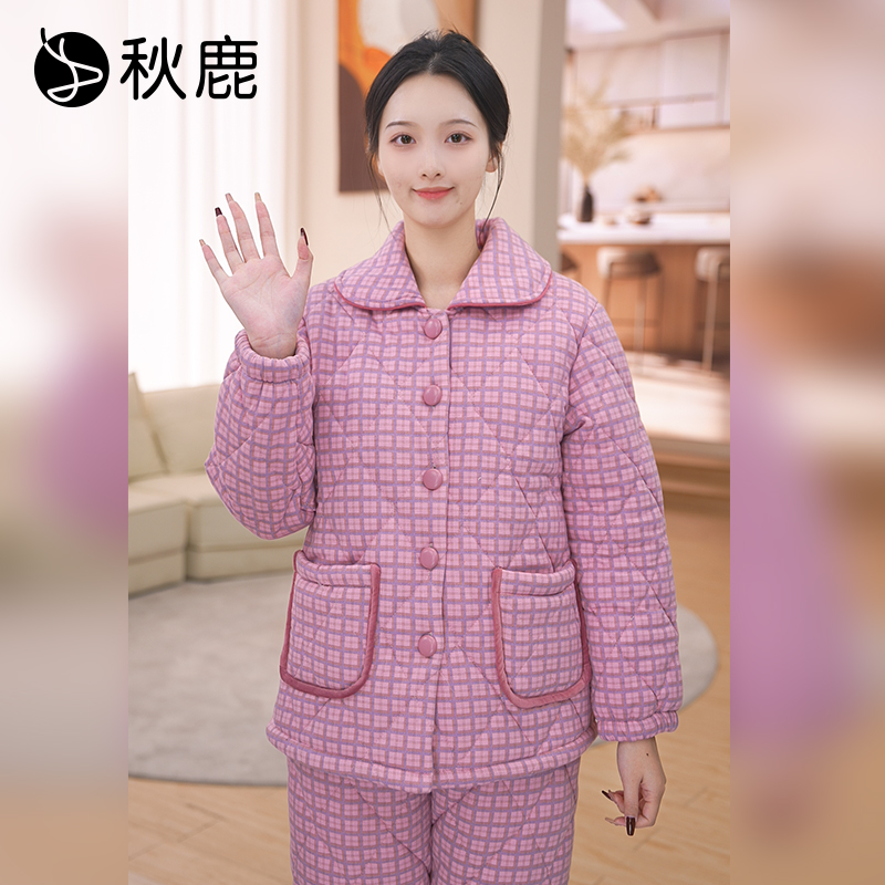 秋鹿女针织夹棉格纹睡衣女棉袄