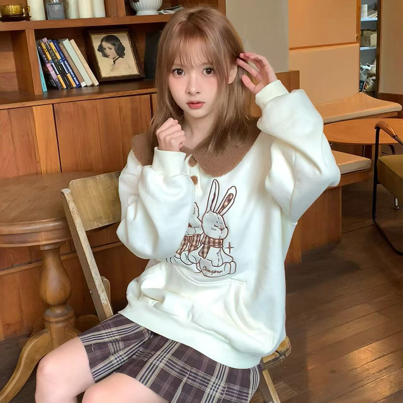 COSME 【巧克力泡芙】秋冬加绒套头卫衣原创拼接毛绒可爱甜美风