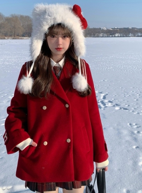 COSMEPRO 觅心使者 新年款双色保暖可爱学院风JK毛呢外套女大衣