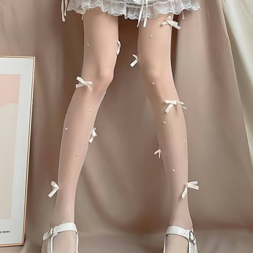 白丝袜女日系jk甜美lolita米白色连裤袜春夏季超薄透肉提花