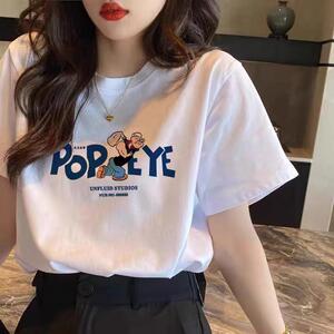 2025新款夏季正肩纯棉短袖t恤女薄款宽松卡通白色显瘦半袖上衣潮