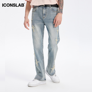ICONSLAB联名SSUR PLUS 贴布十字星微喇水洗牛仔裤宽松刺绣裤子男