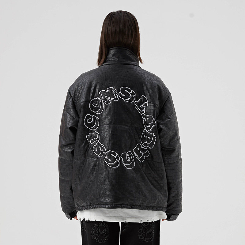 达人潮轩 ICONSLAB联名SSUR PLUS鳄鱼PU皮棉服男女潮牌加厚外套
