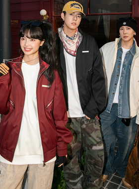 NOTEARS 美式复古休闲百搭立领飞行夹克翻领外套男女同款红色穿搭